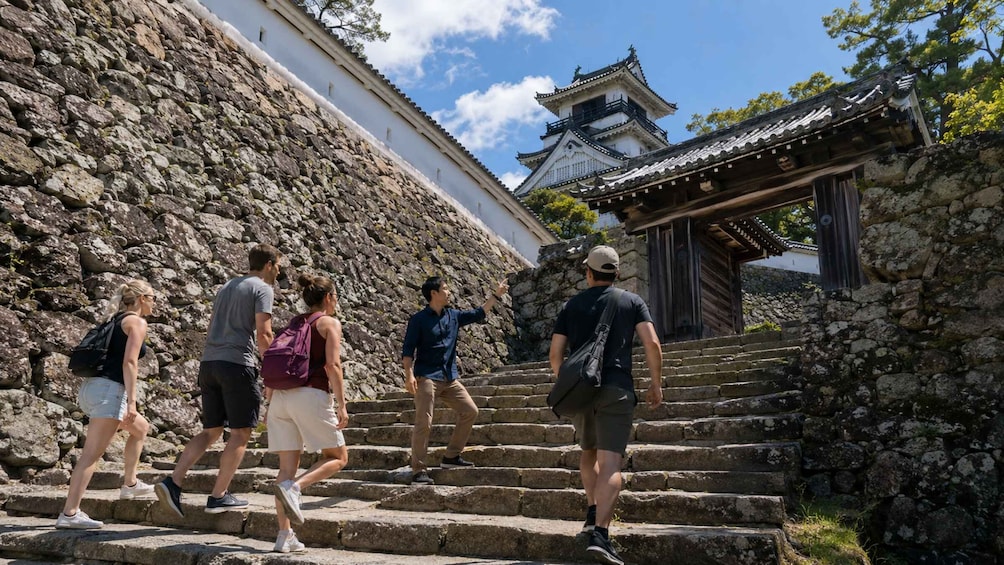 A group of people ascending stone steps towards a traditional Japanese building with a tiled roof. 5