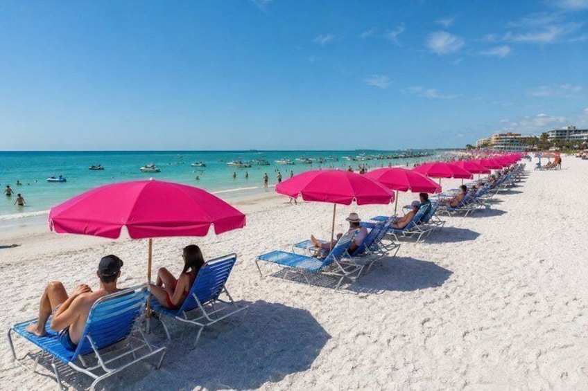 A beach with rows of blue lounge chairs and pink umbrellas. 1