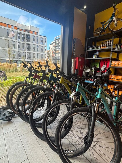 A bicycle shop with multiple bicycles and a view of a residential building outside. 1