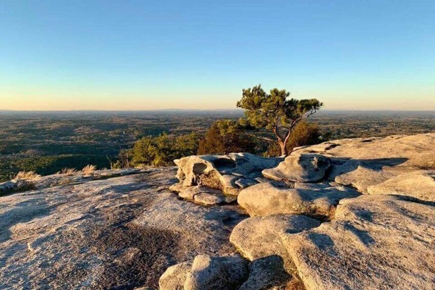 A rocky landscape with a lone tree and a vast view of the countryside. 1