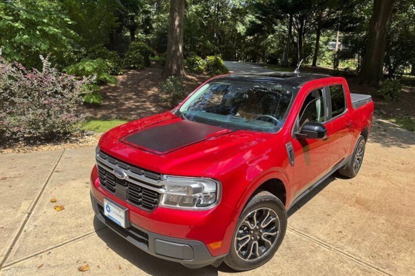 A red pickup truck parked on a concrete driveway surrounded by greenery. 2