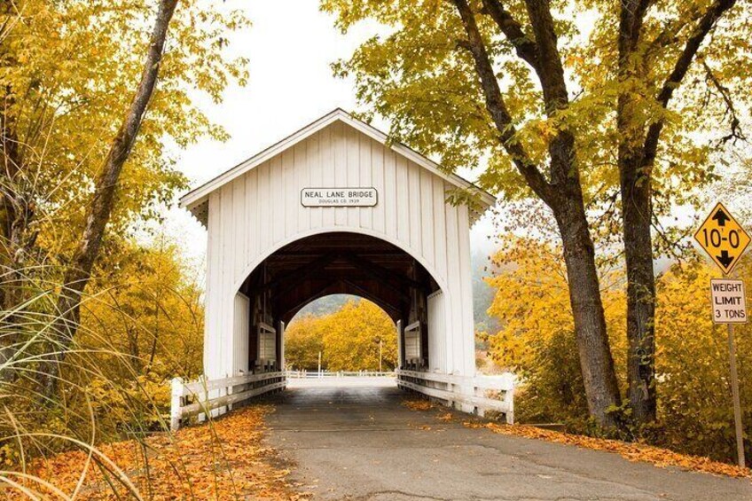 A covered bridge named Neal Lane Bridge with a weight limit sign. 2