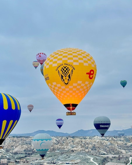 A hot air balloon festival with various balloons in the sky over a mountainous landscape. 5