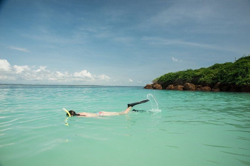 A person floating on a surfboard in clear turquoise water with a rocky coastline and greenery in the background. 2
