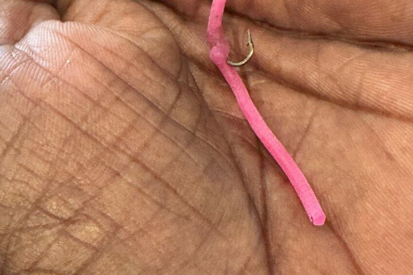 A hand holding a pink string with a metal hook. 4