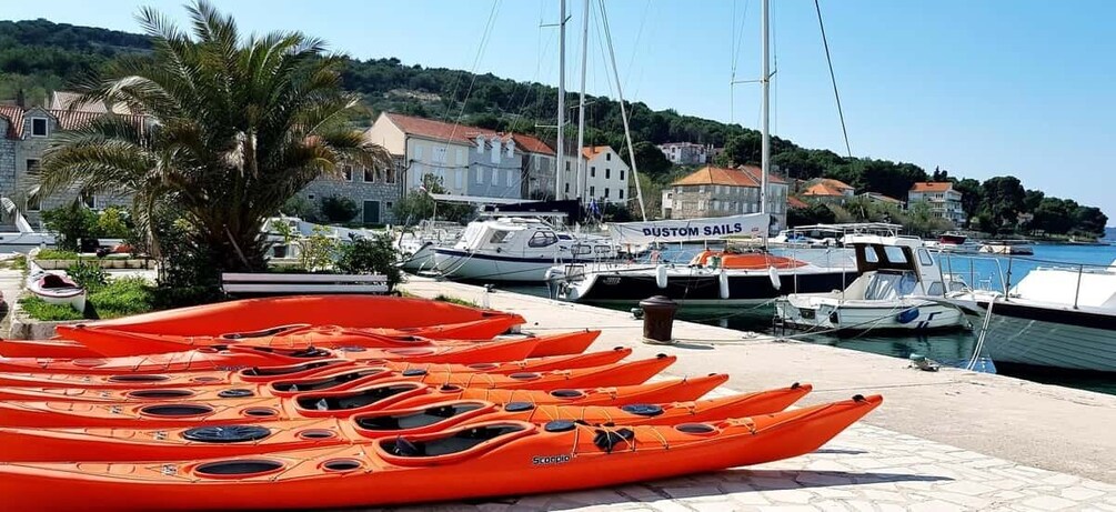 A marina with several orange kayaks lined up, a sailboat, and a building with a sign that reads 'DUSTOM SAILS' in the background. 5