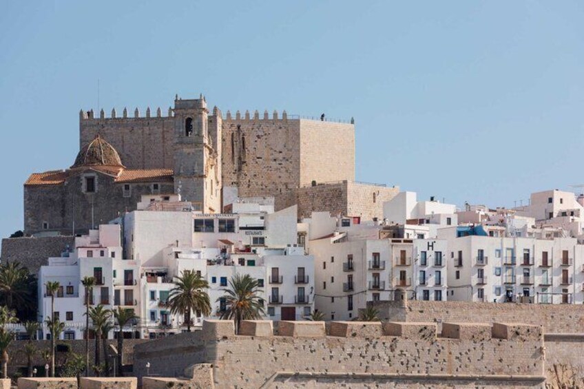 A coastal cityscape with historic fortifications, white buildings, and palm trees. 1