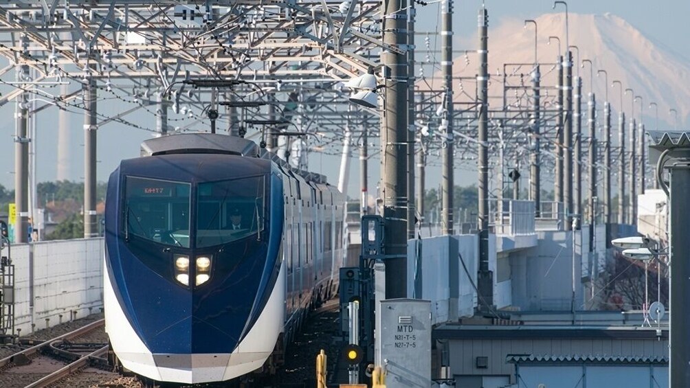 A high-speed train at a station with overhead electrical lines and a mountainous background. 2