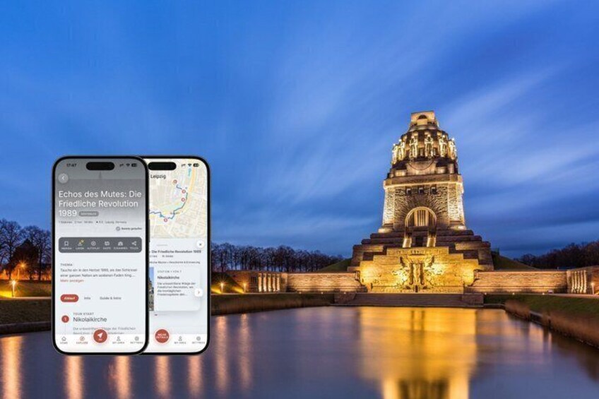 A smartphone displaying a map with a monument in the background. 1