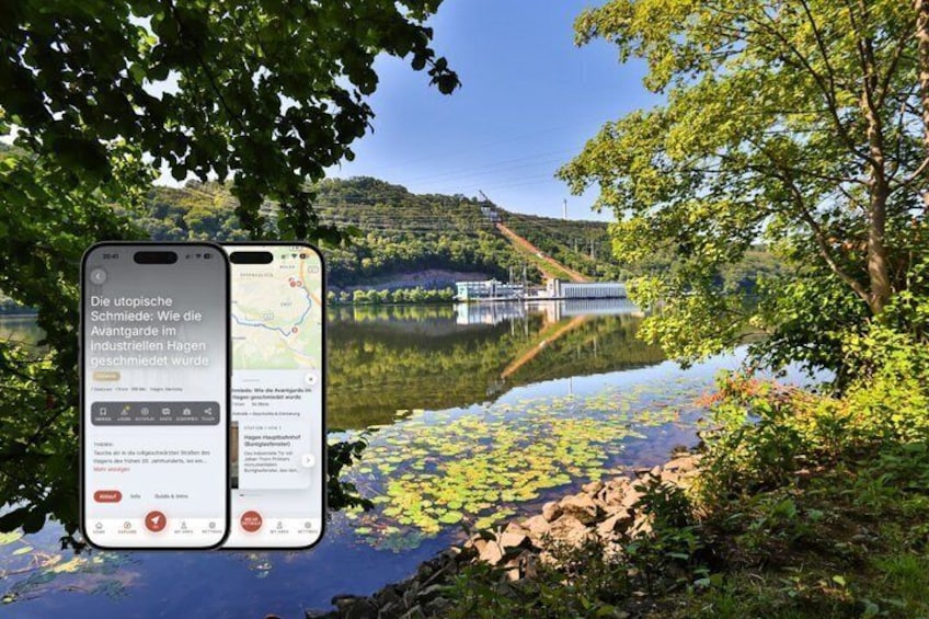 A smartphone displaying a news article with a map, a lake, a bridge, and surrounding greenery. 1