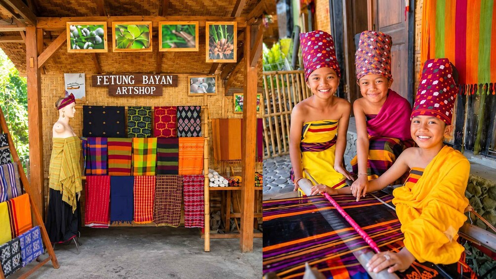 A traditional weaving workshop with colorful textiles displayed and two individuals engaged in the weaving process. 2