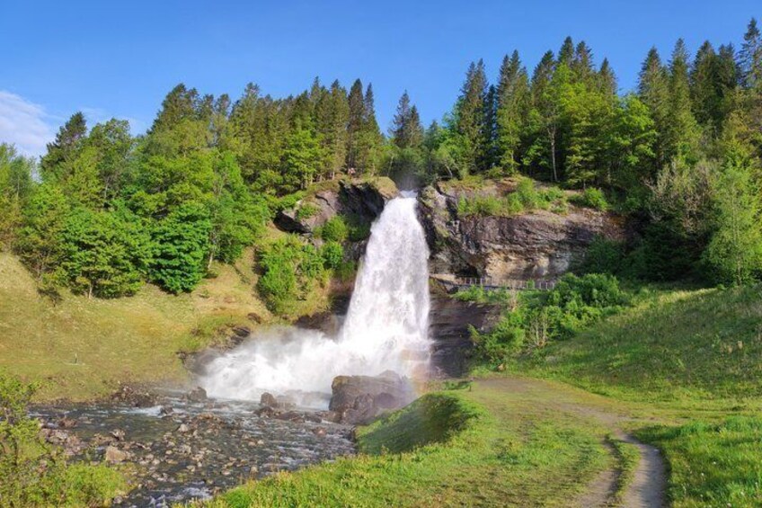 A waterfall, a river, and a forested area. 1