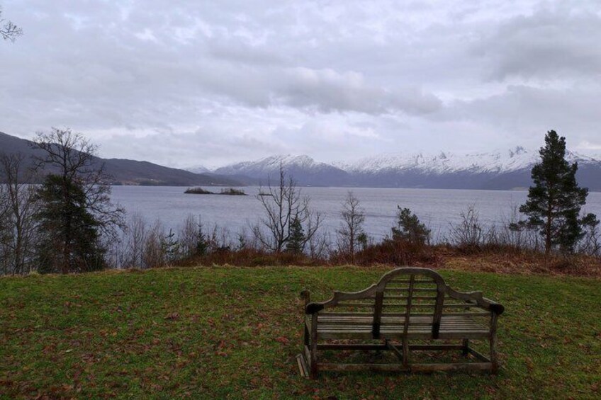 A bench overlooking a lake with mountains in the background. 2