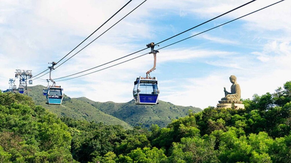 A cable car system with a statue in the background. 4