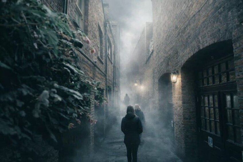 A narrow alley with brick walls, a person walking, and a foggy atmosphere. 3