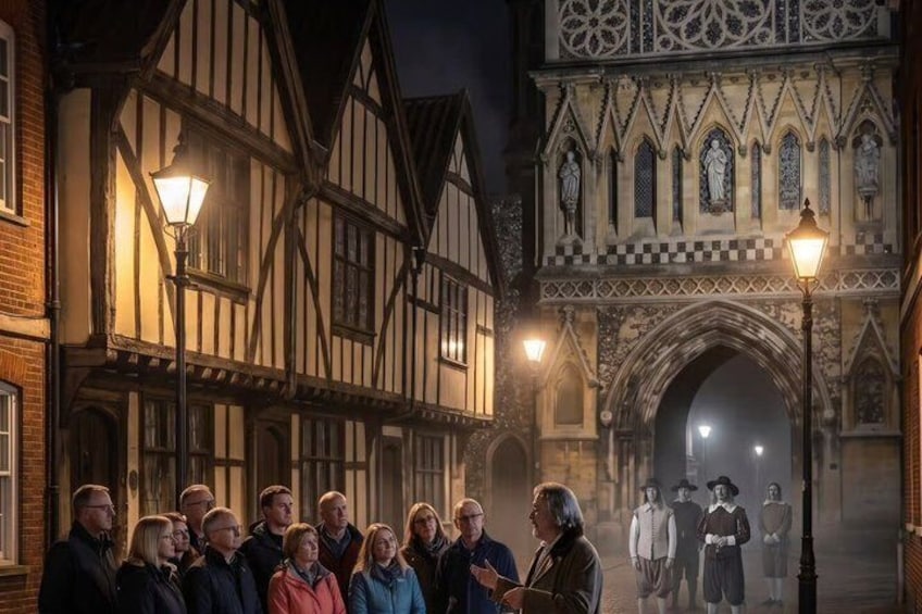 A group of people standing in front of a historic building with a large arched entrance and intricate stonework. 5