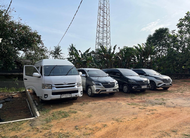 A row of parked Toyota vehicles in a dirt lot with a transmission tower in the background. 5