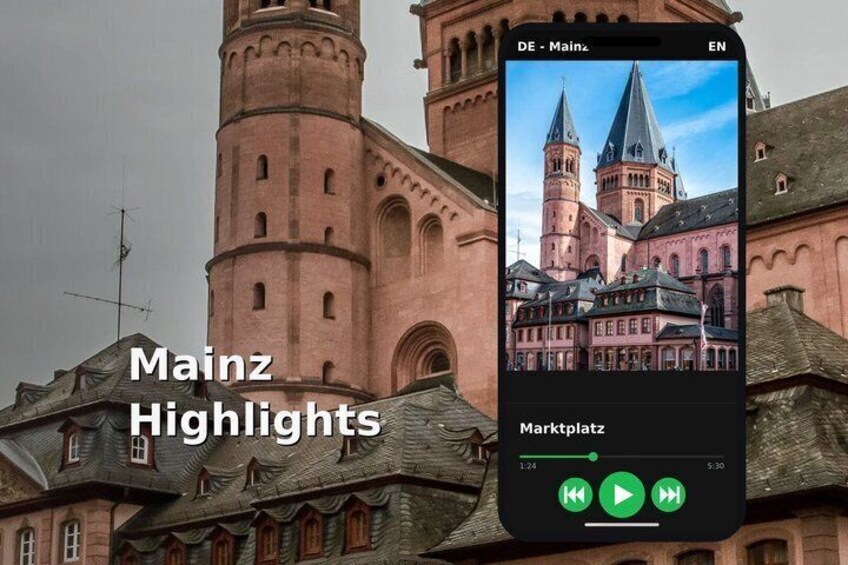 A smartphone displaying a video titled 'Mainz Highlights' with a view of a historic building with a prominent tower. 1