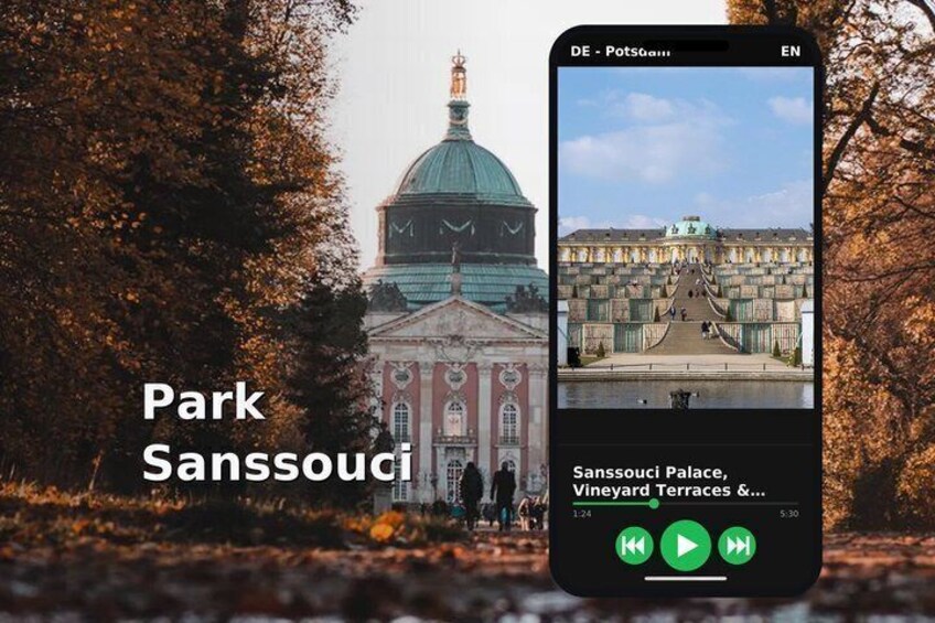 A smartphone displaying a view of Sanssouci Palace with a park in the foreground. 1
