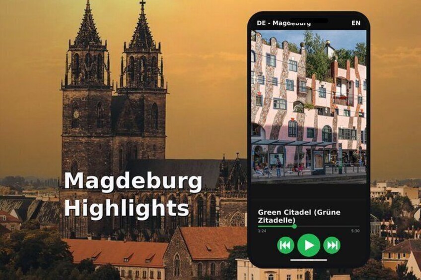 A smartphone displaying a video titled 'Magdeburg Highlights' with a view of a historic church and a modern building. 1