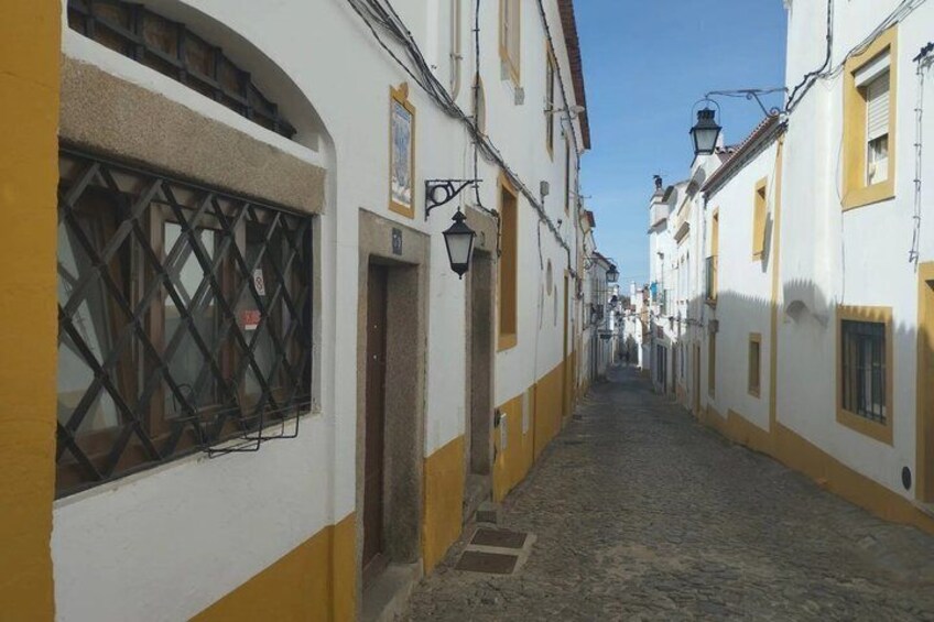 A narrow cobblestone street flanked by buildings with white and yellow facades, a black wrought iron gate, and a street lamp. 5