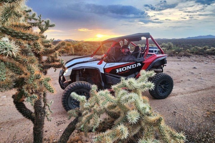 A red and white Honda ATV parked on a dirt road with cacti in the foreground. 5