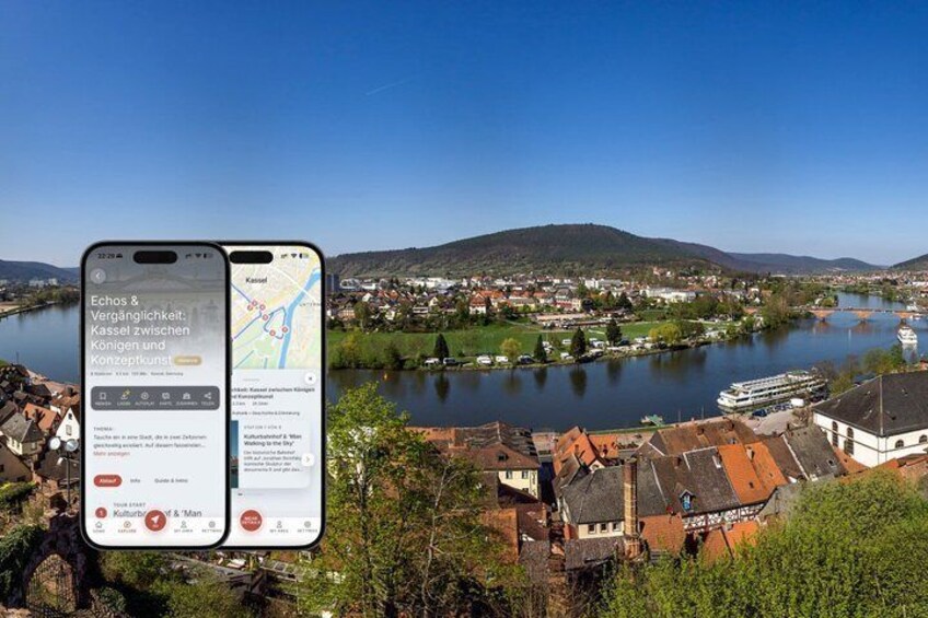 A smartphone displaying a map with a river and town, and a scenic view of a town with buildings and a river. 1