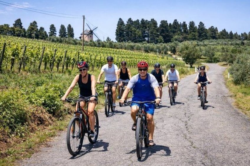 A group of cyclists on a rural road with vineyards and a windmill in the background. 4