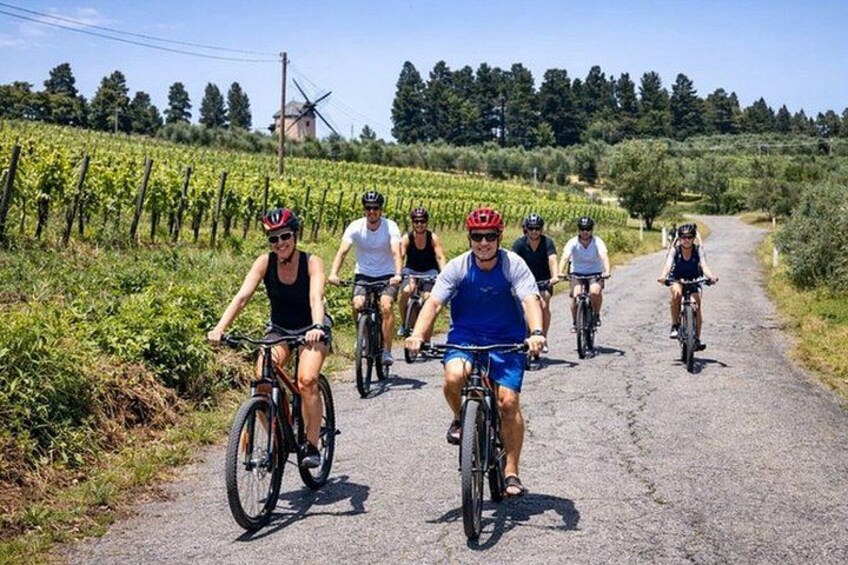 Un grupo de ciclistas en una carretera rural con viñedos y un molino de viento al fondo. 4