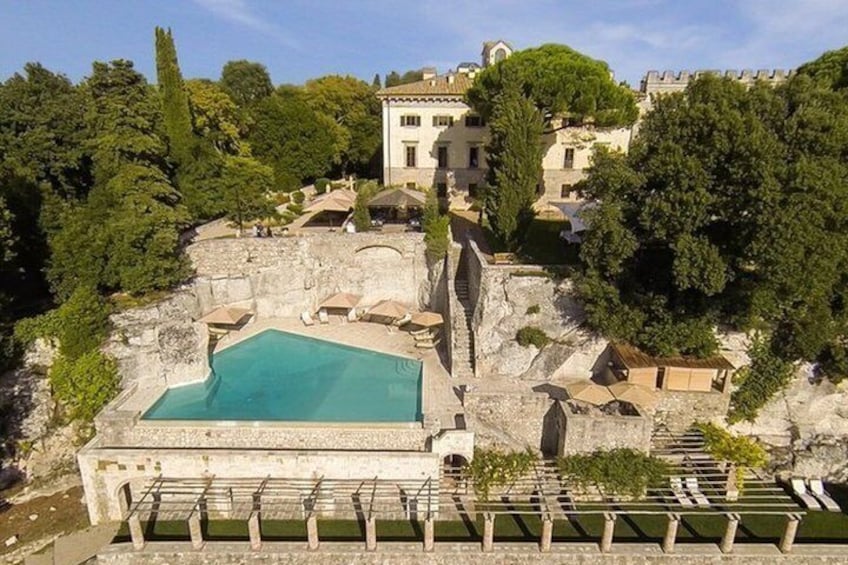 A pool surrounded by ruins and trees. 3