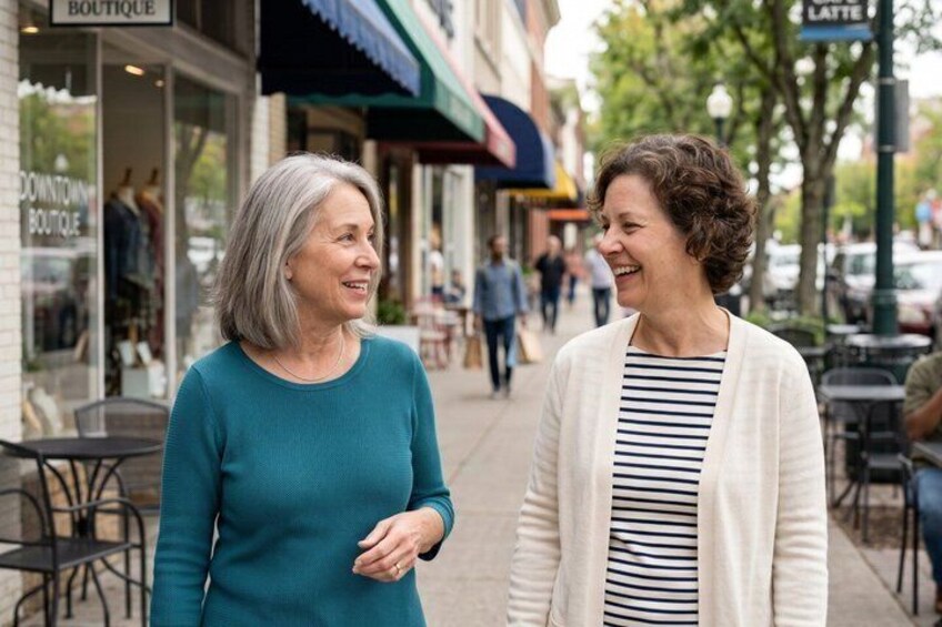 Two people walking on a sidewalk, a boutique, and a sign for a latte. 5