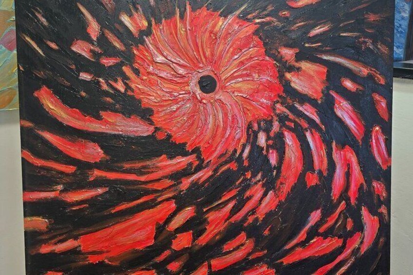 A painting with a central red flower and black background. 3