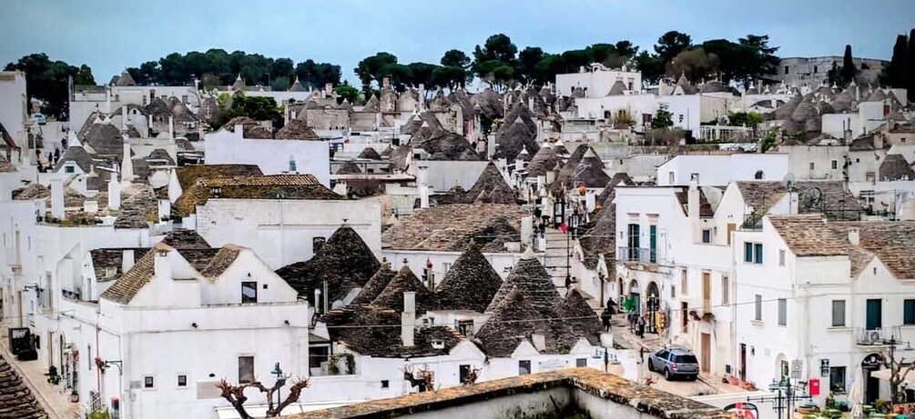 A densely packed town with white buildings and thatched-roof houses. 3