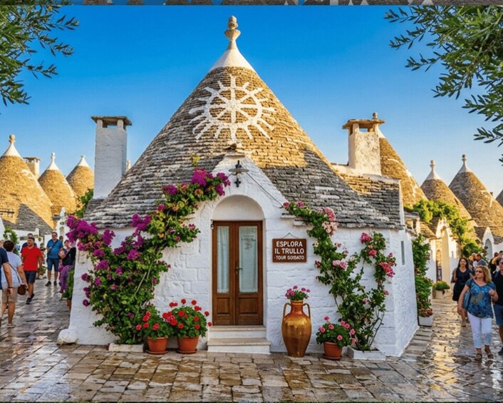 A white building with a conical roof, surrounded by potted plants and flowers, and a sign reading 'ESPLORA IL TRULLO - TOUR GUIDED'. 1