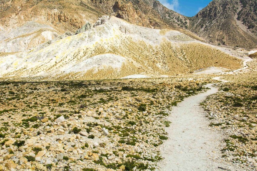 A rocky mountain path with sparse vegetation. 5