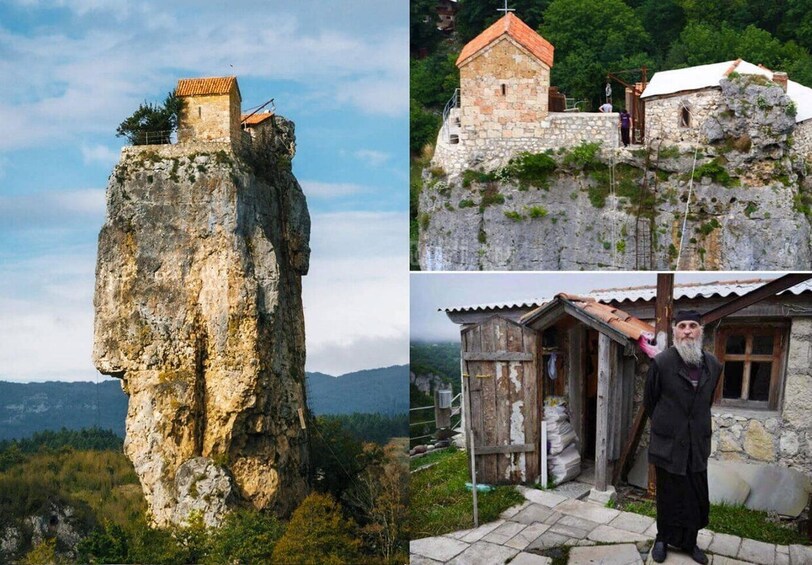A rugged cliff, a stone building with a red roof, and a wooden structure with a person standing in front. 1