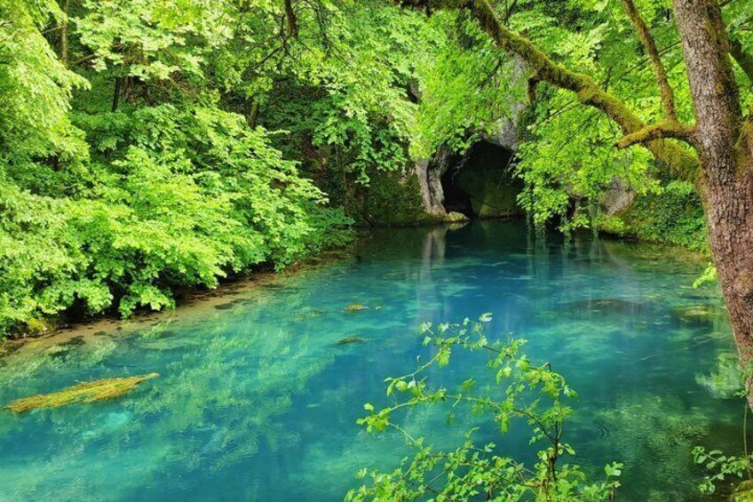 A clear blue river surrounded by lush green foliage and a rocky cave entrance. 5