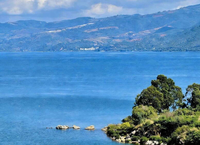 A coastal landscape with a clear blue sea, rocky outcrops, and dense greenery. 3