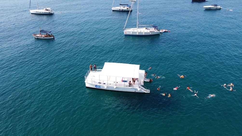 A large white boat with people swimming in the water around it. 1