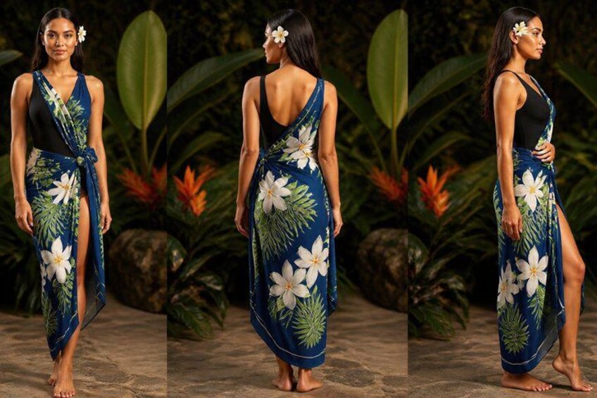 A woman in a tropical floral dress. 5