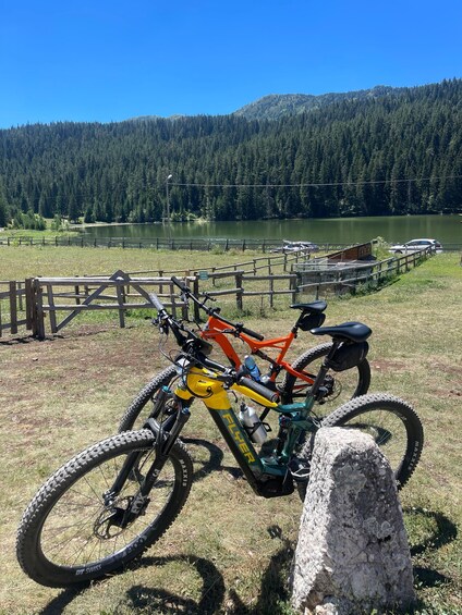 A mountain bike parked near a lake with a forested mountain in the background. 3