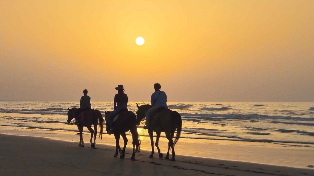 Three people riding horses on a beach at sunset. 5