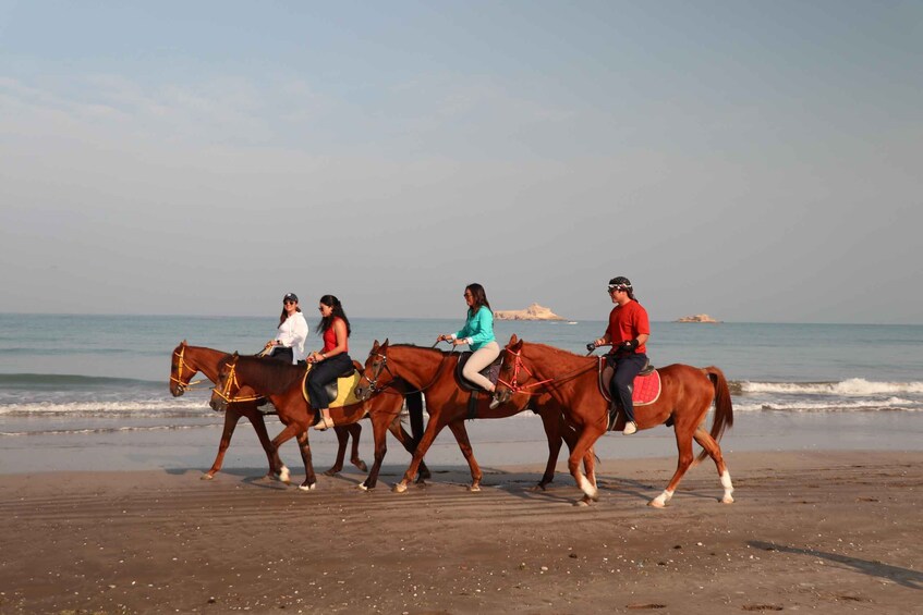 A group of people riding horses along a beach. 3