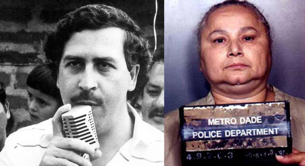A person holding a microphone and a Metro Dade Police Department mugshot. 1