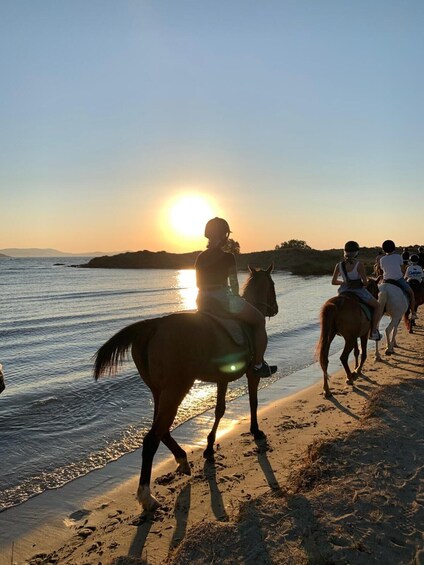 Un coucher de soleil sur une plage, avec des personnes à cheval qui se promènent le long du rivage. 5