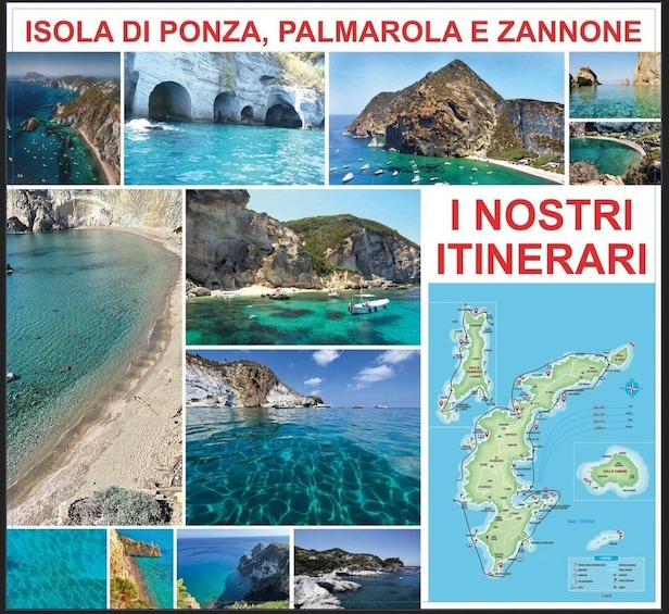 A travel itinerary for Isola di Ponza, Palmarola, and Zannone with various coastal and island landscapes. 3