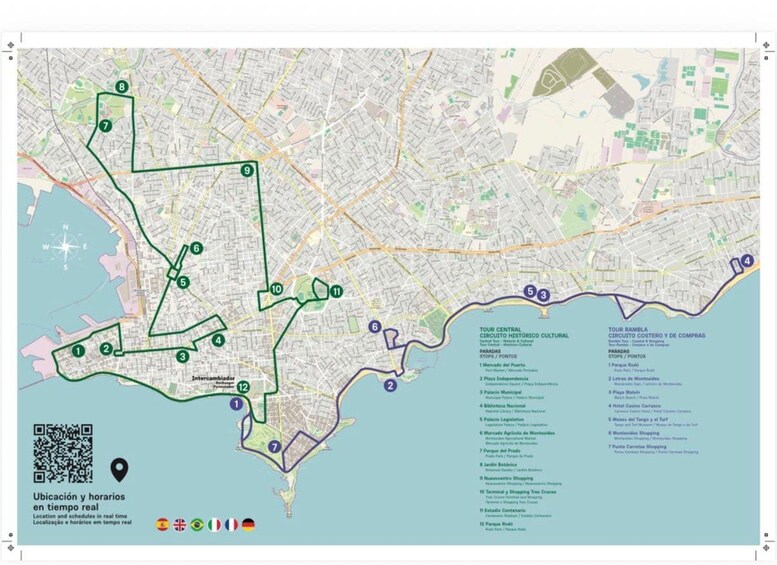 A detailed city map with numbered landmarks and a QR code for location and schedules. 2