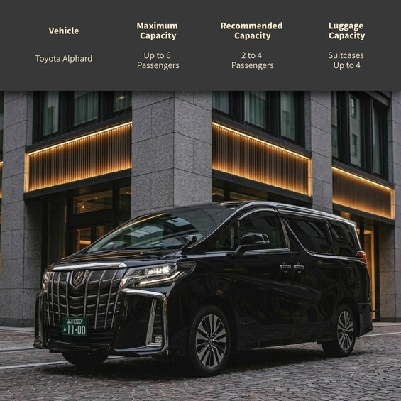 A black Toyota Alphard SUV parked in front of a modern building with illuminated vertical light strips. 1