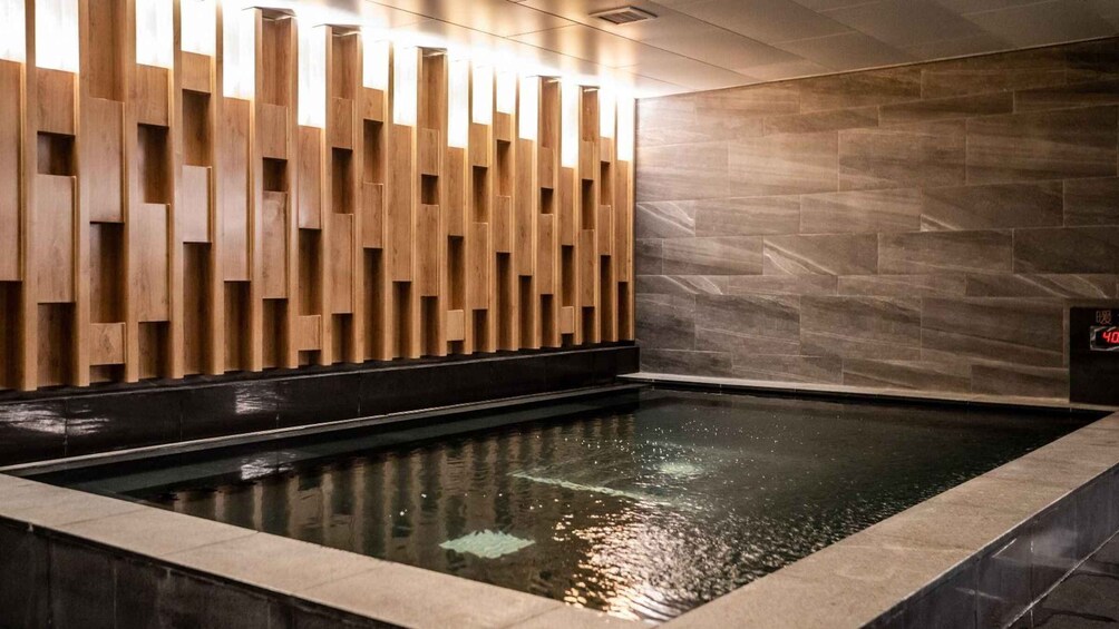 A modern indoor pool with wooden paneling and stone walls. 5