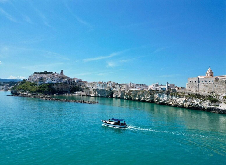 A coastal town with a historic fortification, calm turquoise waters, and a boat in motion. 1